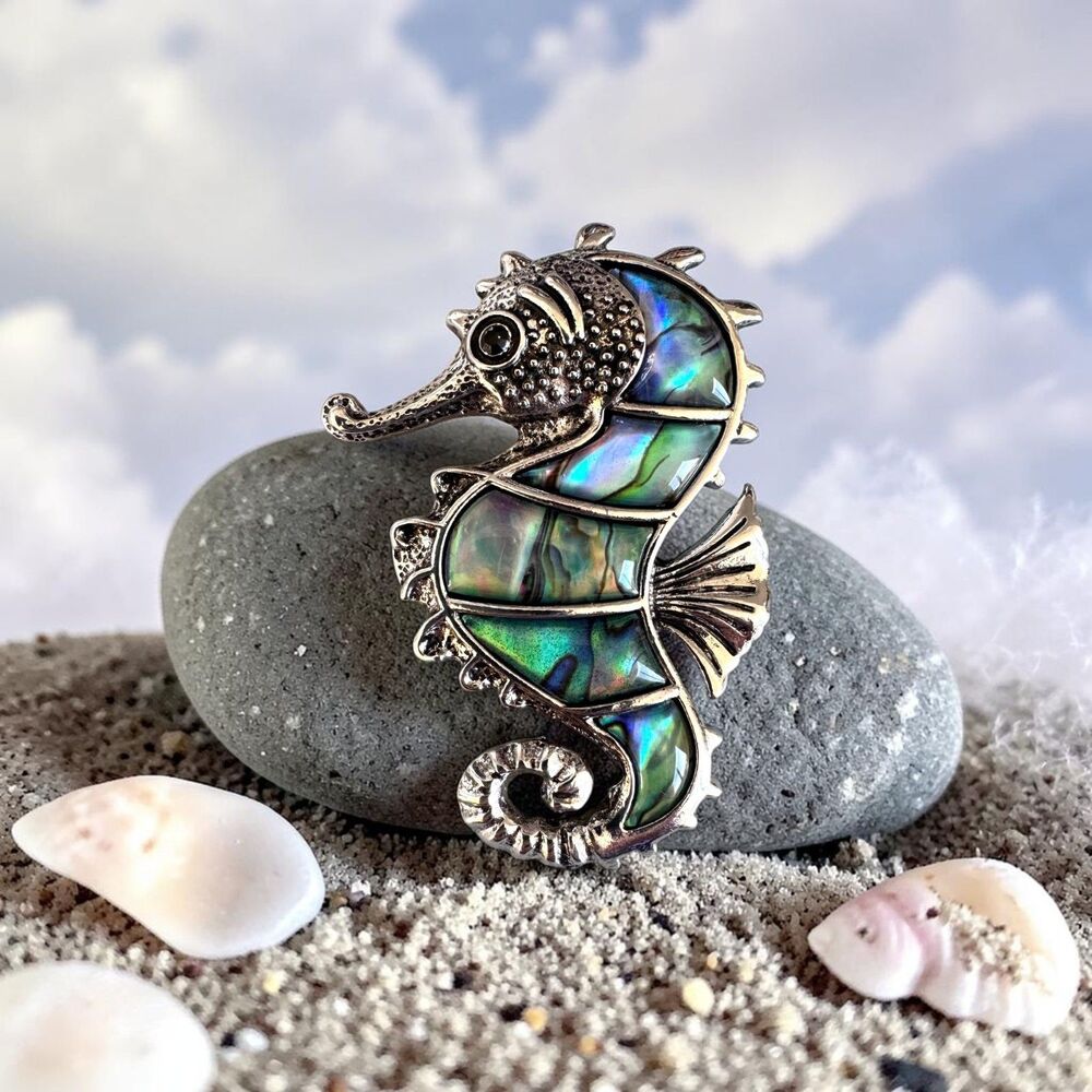 Indio Jewelry Abalone Sea Horse Silver Plated Brooch #22134